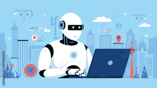 White humanoid robot typing on a dark blue laptop in front of a stylized blue city skyline backdrop
