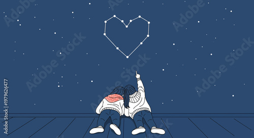 Couple gazing at star heart constellation on starry night sky