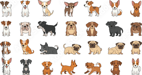 Cute Small Dog Breeds Collection Featuring Chihuahua Jack Russell Terrier and Mixed Puppies in Flat Cartoon Style Vector Illustration for Pet Design.