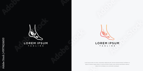 Minimalist Natural Foot Care Logo Design with Leaf Symbol on Black and White Backgrounds