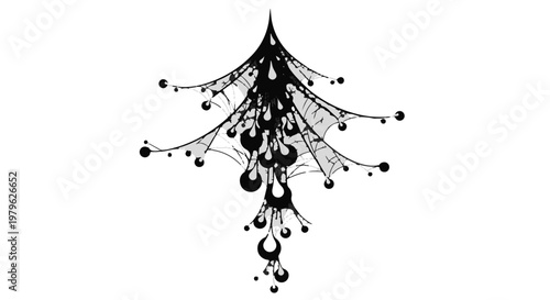 Spiderweb design displays hanging droplets suspended from delicate silken strands.