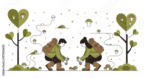 Couple Foraging for Mushrooms in Heart-Shaped Forest