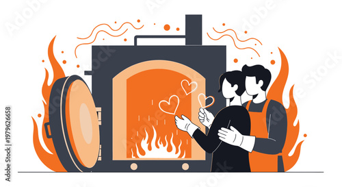 Couple Forging Love Hearts in Fiery Furnace Illustration