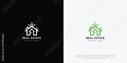 Minimalist Green Real Estate Logo with House and Growing Leaves Design