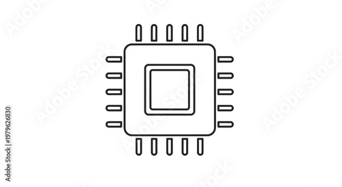 Computer chip icon, microchip processor, electronic component outline, technology symbol