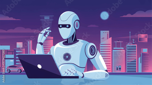 White humanoid robot working on a laptop against a purple city skyline with a glowing moon at night
