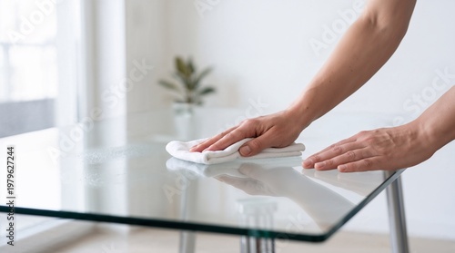 Person cleaning a glass table with a cloth.
