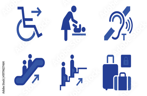 Accessibility & Public Facility Pictogram Icon Set – Wheelchair, Baby Changing, Hearing Aid, Escalator, Stairs, Luggage Security