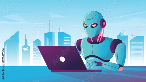 Blue humanoid robot typing on a dark purple laptop against a stylized city skyline background