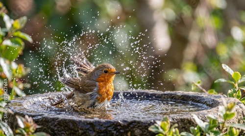 A robin takes a refreshing bath outdoors.