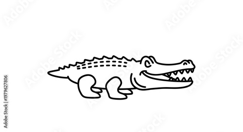 Funny cartoon alligator drawing, simple line art, white background