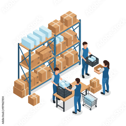 Warehouse workers organizing inventory and loading packages in a logistics center, flat design vector illustration.