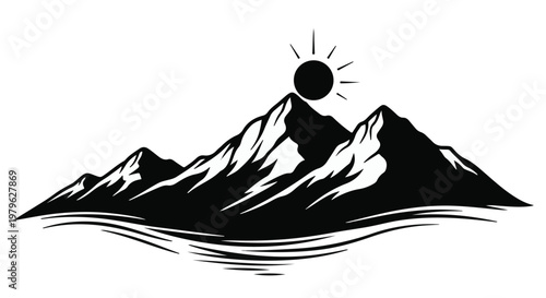 Mountains stand tall against a rising sun in this minimalist vector graphic.