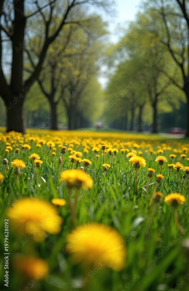 Obraz premium Yellow dandelions cover a green lawn leading to a park path with trees. Spring blooms fill the meadow under a bright sky. Nature awakens after winter with fresh new growth.