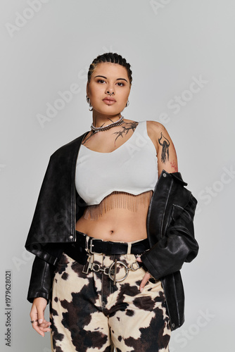 Stylish young woman showcases bold fashion choices in urban setting