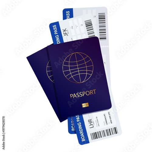 Two passports and boarding passes. Airline tickets and documents for travel isolated on background. Vector icon