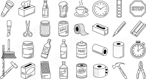 Diverse array of common and tools in a minimalist line style