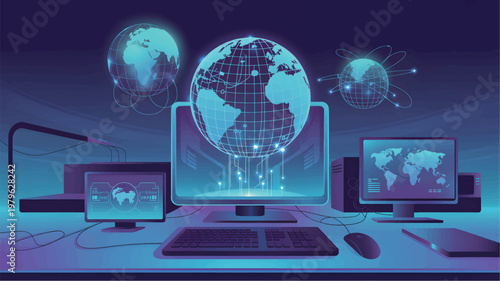 Digital workstation with glowing wireframe globes, computer monitors, and data network connections