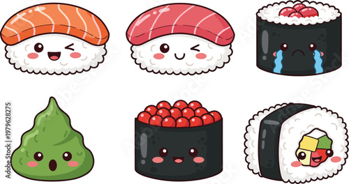 Cute cartoon sushi set with salmon, tuna and maki rolls, kawaii Japanese food characters isolated vector illustration for menu and kids design