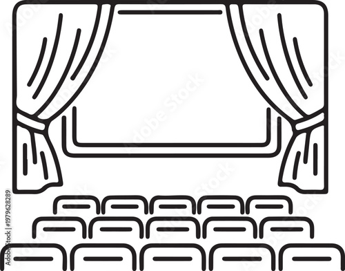 Empty movie theater with red curtains and seats