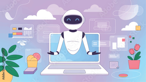 White robot emerging from laptop screen surrounded by floating digital interface windows and plants