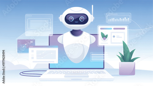 White robot emerging from a laptop screen with floating digital data windows and a potted plant