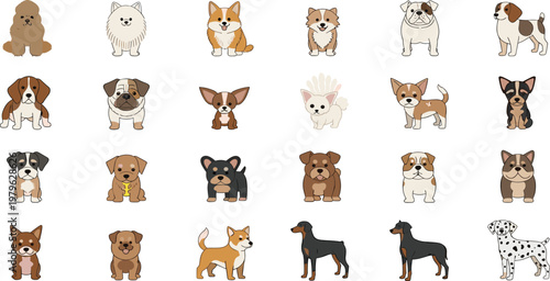 Cute Small Dog Breeds Collection Set Featuring Pomeranian Chihuahua Corgi Bulldog Poodle and Mixed Puppies in Flat Cartoon Style Vector Illustration.