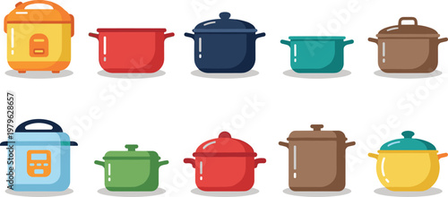 Collection of cooking pots and rice cookers in flat vector style, colorful kitchen cookware set with lids and appliances isolated on light background