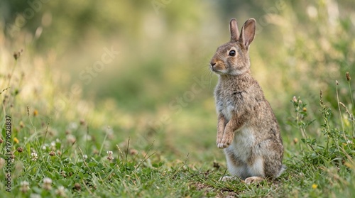 A brown rabbit sitting on green grass.
