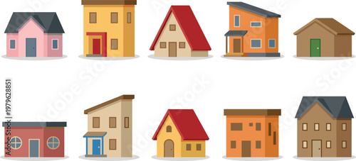 Collection of modern and traditional house illustrations in flat vector style, residential building set with colorful homes isolated on light background