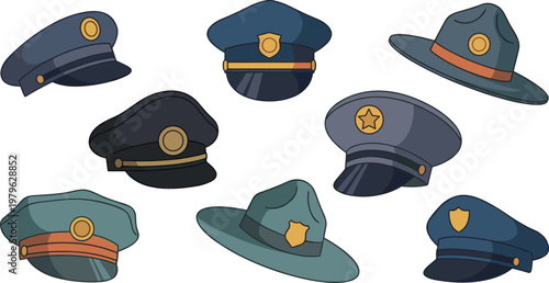Collection of police and ranger hats with badges in flat vector style, law enforcement and authority headwear set isolated on light background