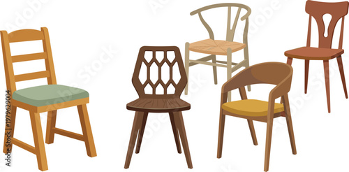 Collection of wooden chairs in various styles with cushions and modern designs, flat vector furniture set isolated on light background