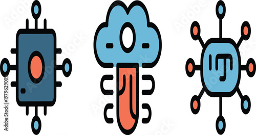 Three blue robots with orange details on white background vector illustration EPS PNG file
