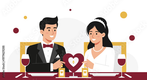 Happy Couple Celebrating Romance with Heart Candle and Wine