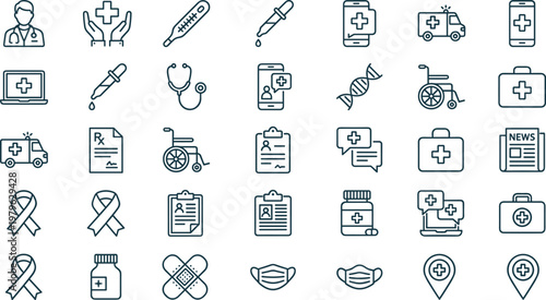Healthcare and medical outline icon set featuring hospital services doctor equipment medicine emergency care and health technology symbols collection