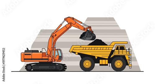 Orange hydraulic excavator loading a heavy yellow dump truck at a mining site vector illustration