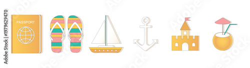 Summer vacation icons collection with beach accessories travel food sun tropical elements flat design vector icons representing summer vacation elements like vector illustration.