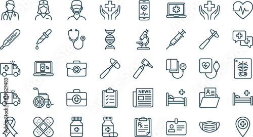 Healthcare and medical outline icon set including hospital equipment doctor tools emergency services medicine and health care symbols collection
