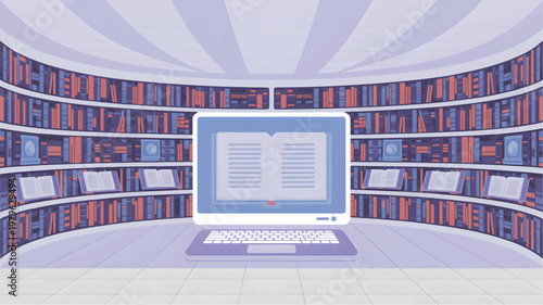 A laptop displaying an open book in front of a curved library wall with shelves full of many books