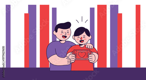 Happy Couple Embracing, Holding Heart on Phone Screen, Romantic Connection