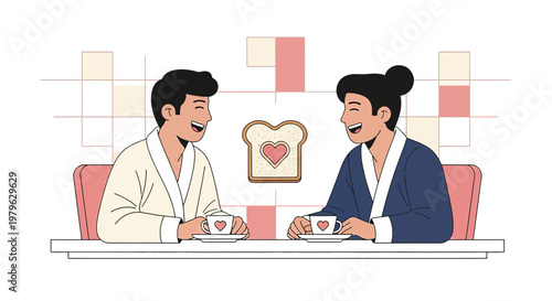 Happy Couple Enjoying Breakfast with Heart Toast and Coffee, Love Symbol
