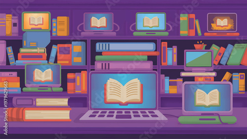 Digital library scene with laptops displaying open books, surrounded by stacks of colorful educational materials