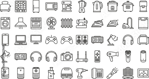 Modern household electronic devices outline icon set including kitchen appliances, gadgets, smart technology and home equipment collection