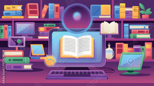 Computer monitor displaying an open book with surrounding bookshelves, stacks of books, and screens