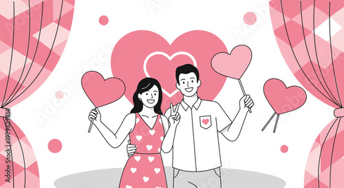 Happy Couple Holding Heart Balloons, Romantic Illustration