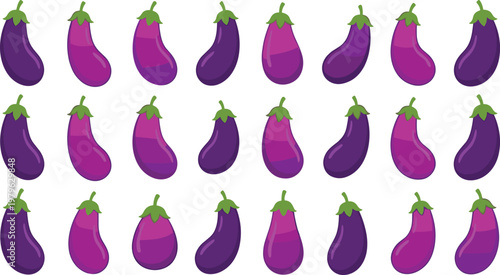 Seamless pattern of eggplant illustrations in purple shades with green stems, flat vector vegetable background for food and organic design