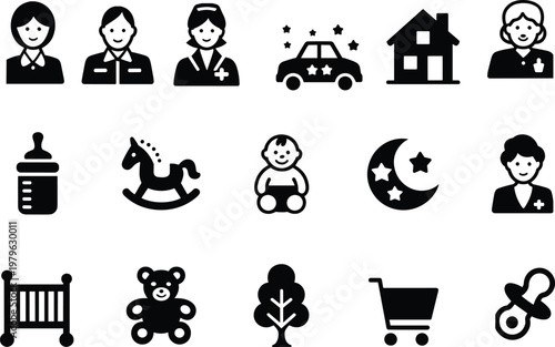 Black and white baby care including people, and symbols