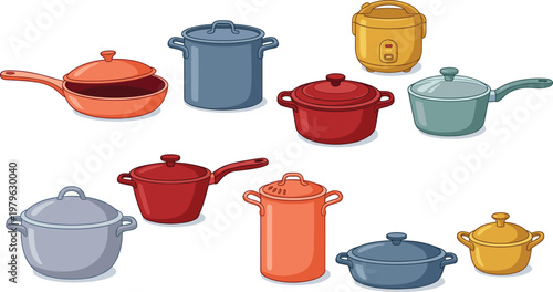 Set of cooking pots, pans and kitchen cookware in flat vector style, collection of colorful saucepans and kitchen utensils isolated on light background