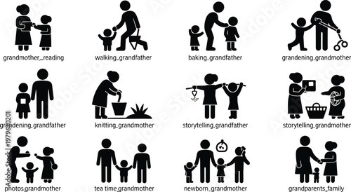 Black silhouette of grandparents and family members engaged in various activities silhouettes white background