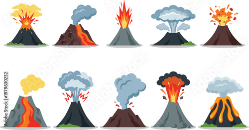 Set of erupting volcano illustrations with lava, smoke and explosions in flat vector style, natural disaster and geology collection isolated on light background